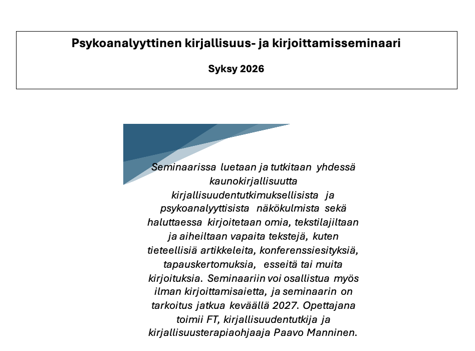 Psykoanalyyttinen kirjallisuus- ja kirjoittamisseminaari, syksy 2026 (Helsinki)